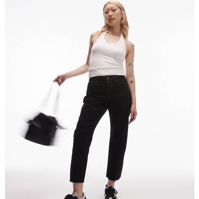 Topshop Petite – Svarta, ankellånga, raka jeans med medelhög midja och råskuren fåll-Svart/a