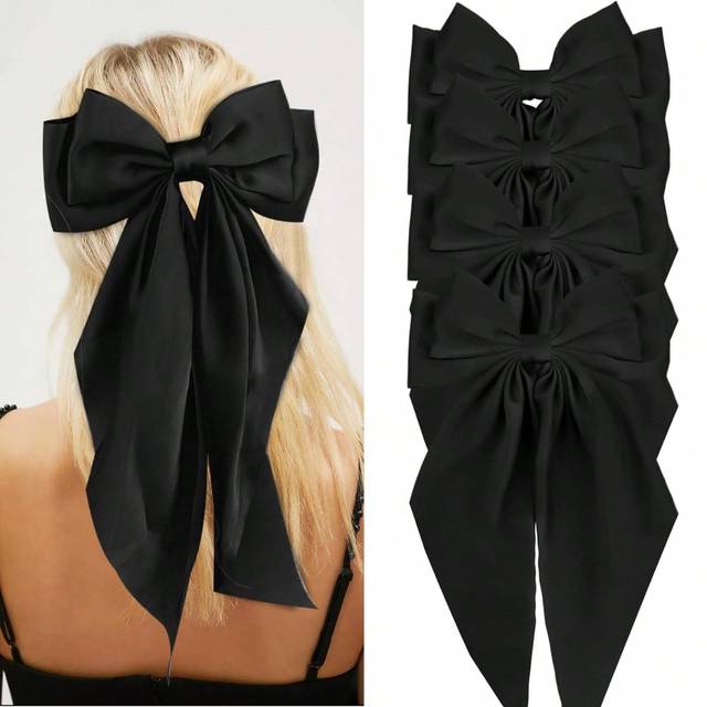 SHEIN 1/2/4 Black Bow Big Satin Bow Ladies Hair Clips Cute Big Hair Clips Wedding Bride Party Hair Bows,Hair Accessories,Hair Barrettes Claw Clips, School S