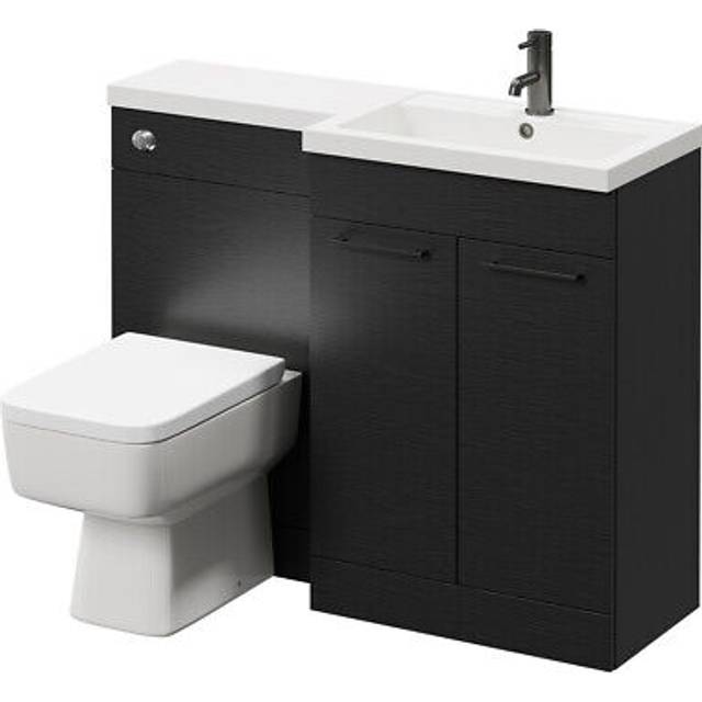Napoli 390 Combination Vanity Unit Toilet Suite with Right Hand L Shaped 1 Tap Hole Basin and 2 Doors with Gunmetal Grey Handles | Nero Oak | ABS Polished Chrome | 1100mm