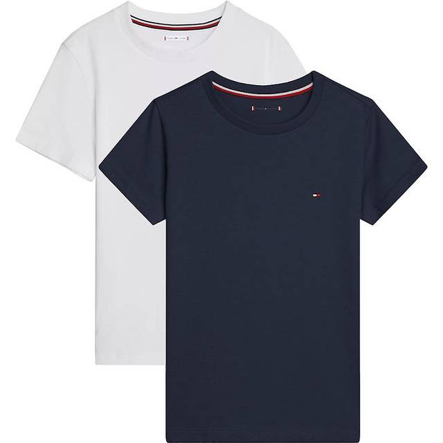 Tommy Hilfiger Kids' Cotton Short Sleeve Pyjama Tops, Pack of 2, White / Desert Sky