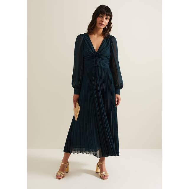 Phase Eight Women's Kindra Teal Chiffon Pleated Midi Dress - 16