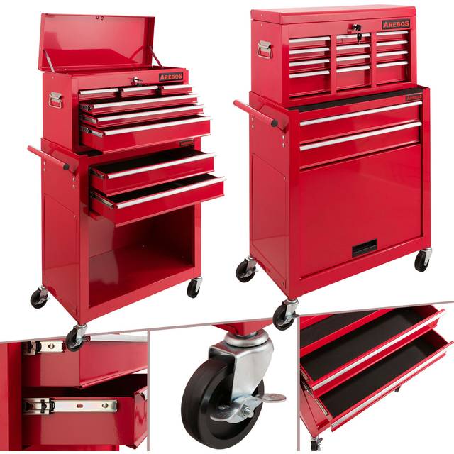 AREBOS 9-Drawer Combo Tool Cabinet Garage Tool Chest with Wheels Workshop Tool Storage Lockable Red