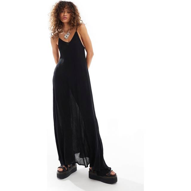 Weekday – Cyndra – Svart maxi-slipklänning i crepe med volym-Svart/a