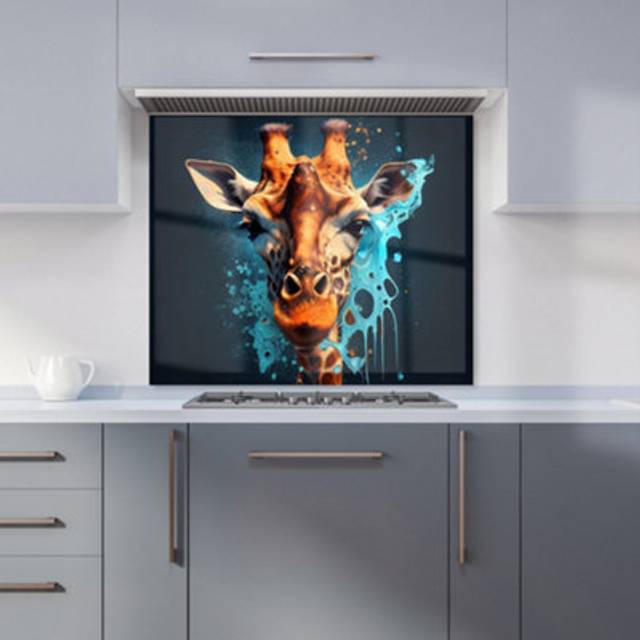Blue Giraffe Face Splashart Kitchen Splashback - Grey - 600mm x 650mm