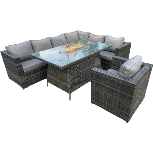 Fimous Outdoor Rattan Garden Left Corner Furniture Gas Fire Pit Table Sets Gas Heater Lounge Chair Dark Grey 7 Seater