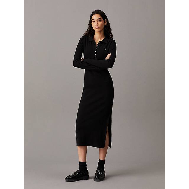 CALVIN KLEIN JEANS Woven Label Rib Polo Ls Dress |Svart |XS