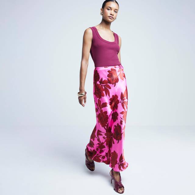 River Island Womens Pink Satin Floral Maxi Skirt - 16