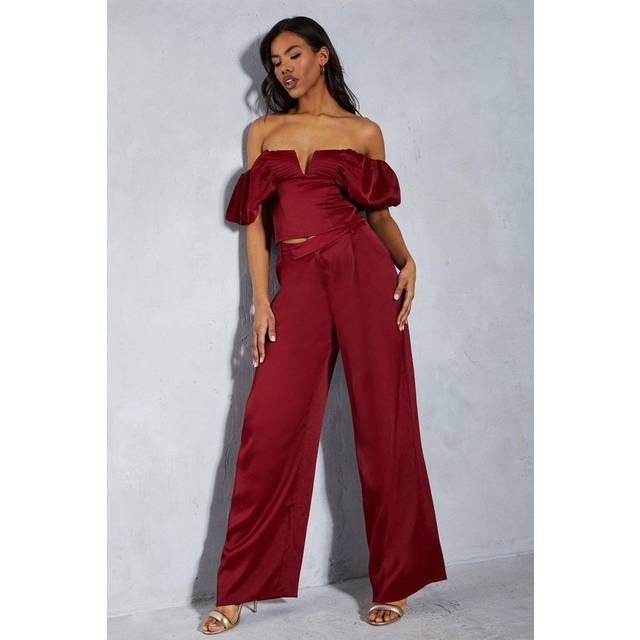 Womens Textured Satin Dipped Waist Straight Leg Trouser - 10 - Red