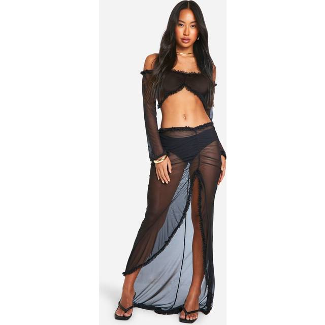 Womens Ruffle Mesh Maxi Skirt - Black - 14