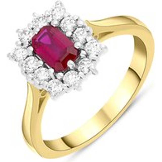 18ct Yellow Gold Ruby Diamond Emerald Cut Cluster Ring