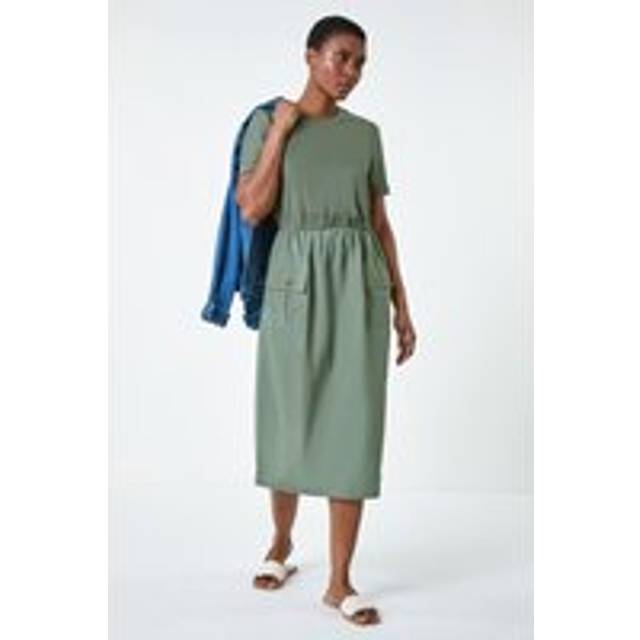 Roman Khaki Cotton Utility T-Shirt Midi Dress - Size 10