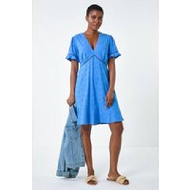 Roman Light Blue Broderie Cotton Stretch Jersey Frill Dress - Size 16