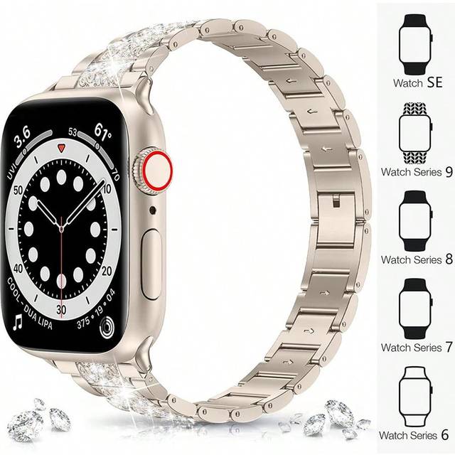 SHEIN 1pc Apple Watch Band Women Luxury Bling Rhinestone Crystal Stainless Steel Beige Watch Band Compatible With Apple Watch Series 10 Ultra 9 8 Se 7 6 5 4