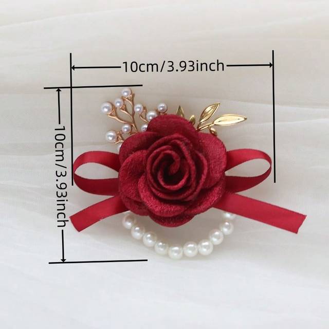 SHEIN 1pc Bridal Chinese-Style Red Pearl Elastic Bracelet With Pearl Beads, Camellia Flower Decor And Scalloped Edge For Bridesmaid, Sisterhood And Wedding