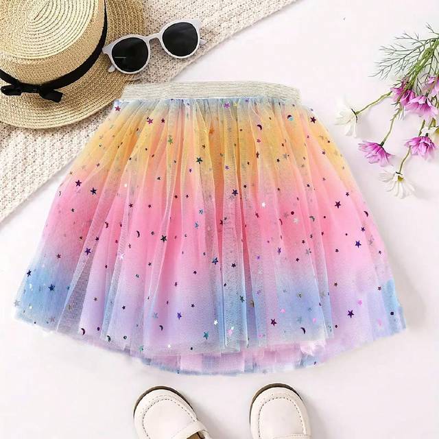 SHEIN Young Girl Rainbow Tulle Tutu Skirt, Children&#39;s Star & Moon Sequin Dance Costume Skirt For Party & Stage Performance