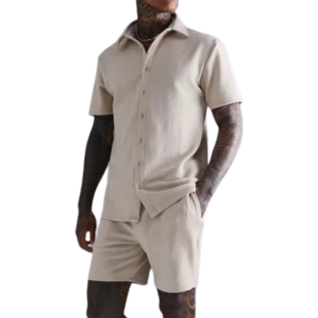 Short Sleeve Jersey Herringbone Shirt And Short Set - Beige - S