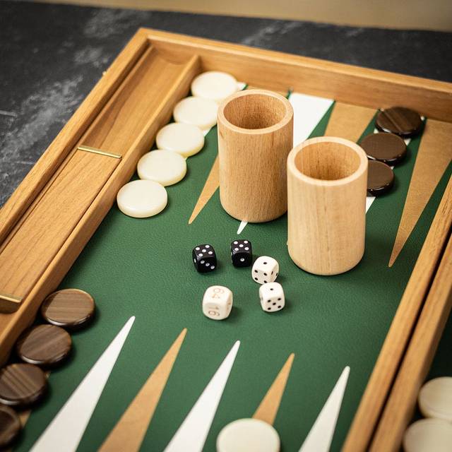 Manopoulos Tote Green Inlaid Leatherette Backgammon Set - Tournament - add a Personalised Brass Plaque
