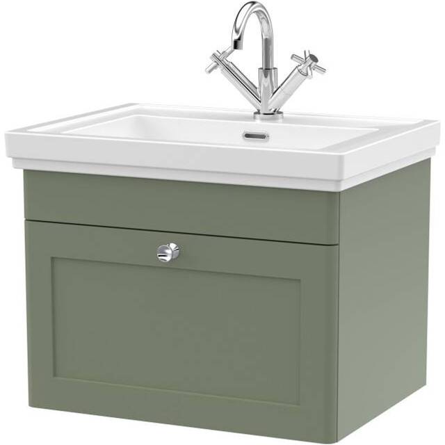 Traditional Wall Hung 1 Drawer Vanity Unit with 1 Tap Hole Fireclay Basin, 600mm - Satin Green