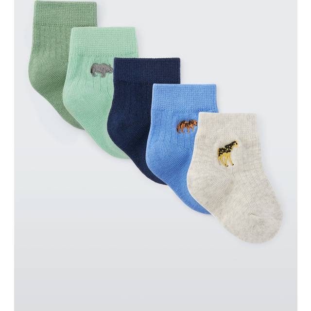 John Lewis Baby GOTS Organic Cotton Mix Embroidered Safari Socks, Pack of 5