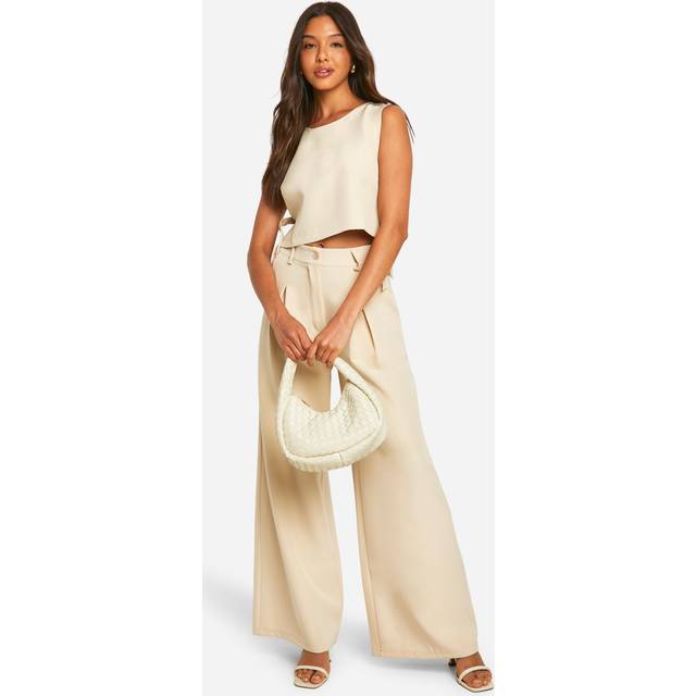 Womens High Waisted Pleated Wide Leg Trouser - Beige - 8, Beige