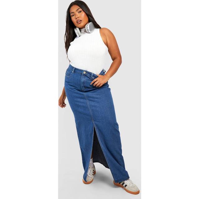 Womens Plus Denim Split Front Maxi Skirt - Blue - 28, Blue