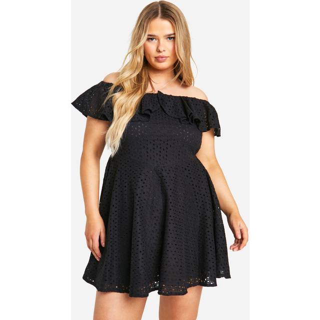 Womens Plus Broderie Ruffle Off Shoulder Skater Dress - Black - 28