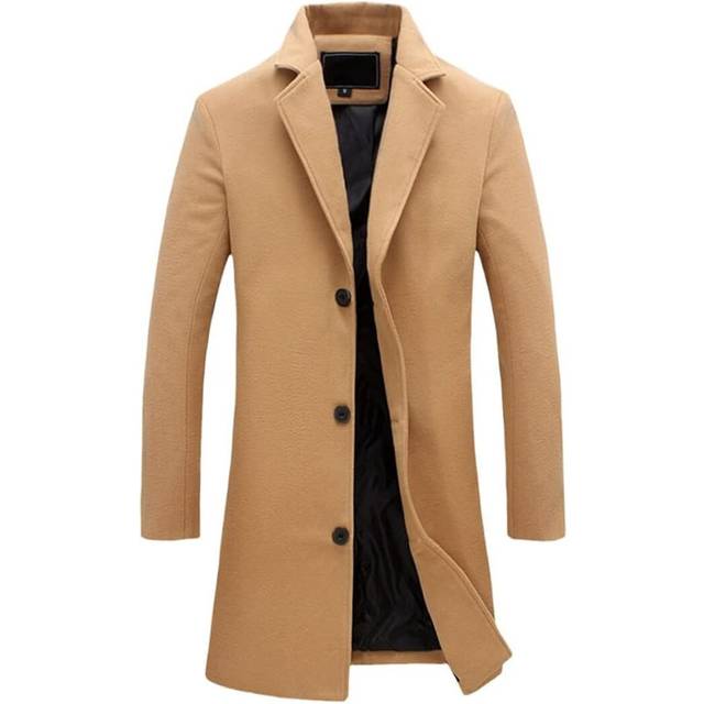 (m, Khaki) Men's Work Business Coat Classic Trench Overcoats Mid Long Wool Blend Top Pea Coats Winter Jackets