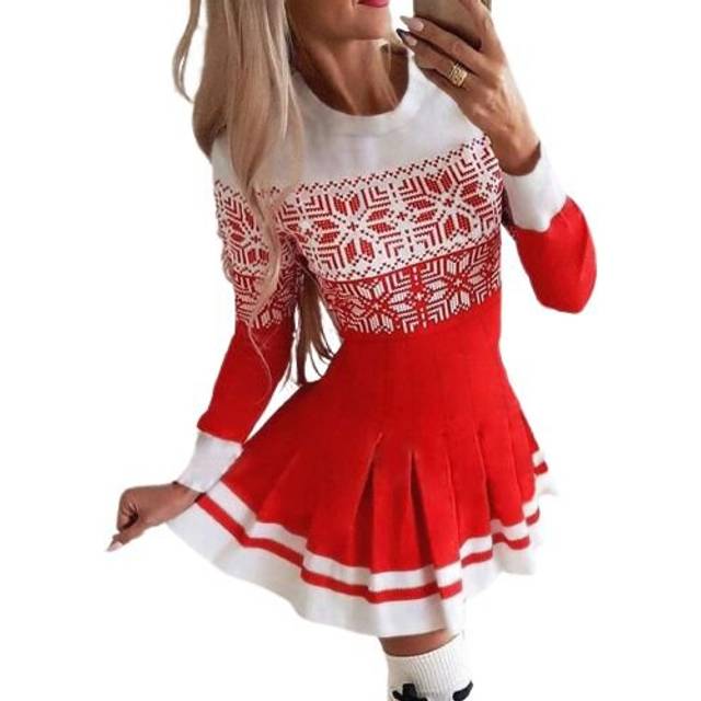 (L, red) Christmas Pleated A Line Dress for Women Plus Size Long Sleeve Crewneck Bodycon Fall Winter Tunic Swing Dress