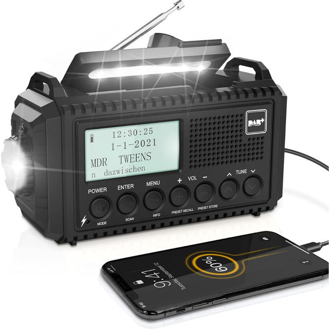 DAB+/DAB/FM Wind up Solar Radio, 5000mAh Digital Radio with LCD Display, Hand Crank, USB Port, Headphone Jack, Flashlight, Reading Lamp, SOS, Radio