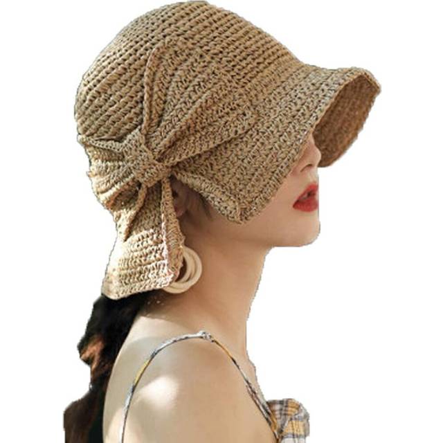 Womens Summer Sun Beach Straw Hat UPF50 Travel Foldable Wide Brim Summer UV Hat with Big Bow
