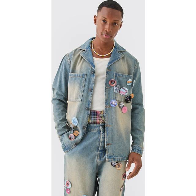 Mens Badge Detail Antique Blue Revere Collar Denim Overshirt