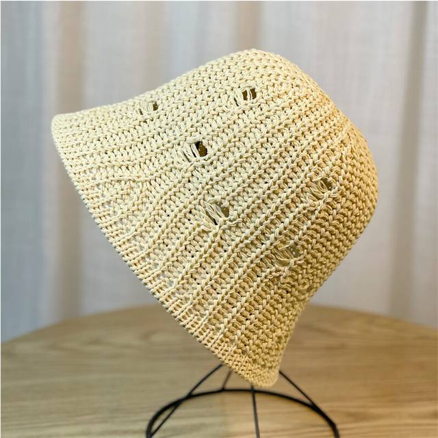 (Beige) Fisherman Knitted Hat Womens Bucket Hat Hollowed Out Shade Breathable Hat