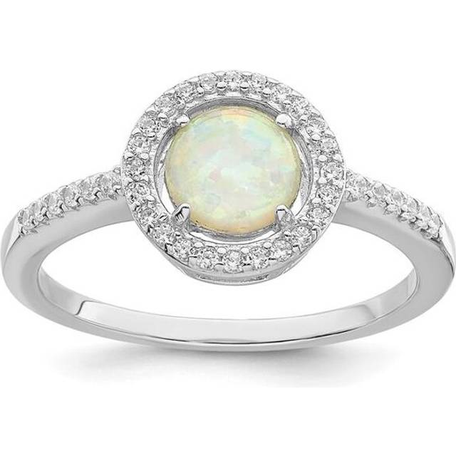 Finest Gold Sterling Silver Rhodium-Plated Polished White Created Opal CZ Halo Ring