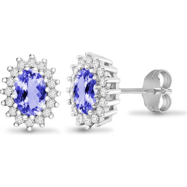 Jewelco London 9ct White Gold Cluster Set Round H I2 0.25ct Diamond and Oval Lilac 1.1ct Tanzanite Cluster Stud Earrings - 9E112 - Silver
