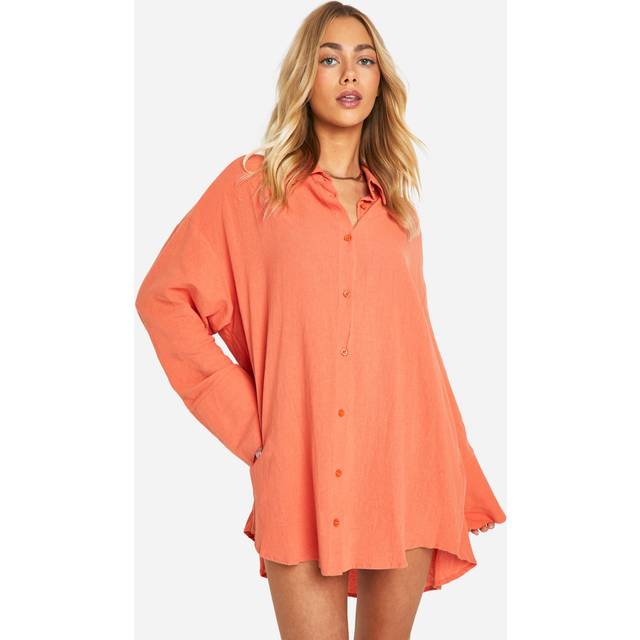 Womens Linen Look Wide Sleeve Shirt Dress - Orange - 8, Orange
