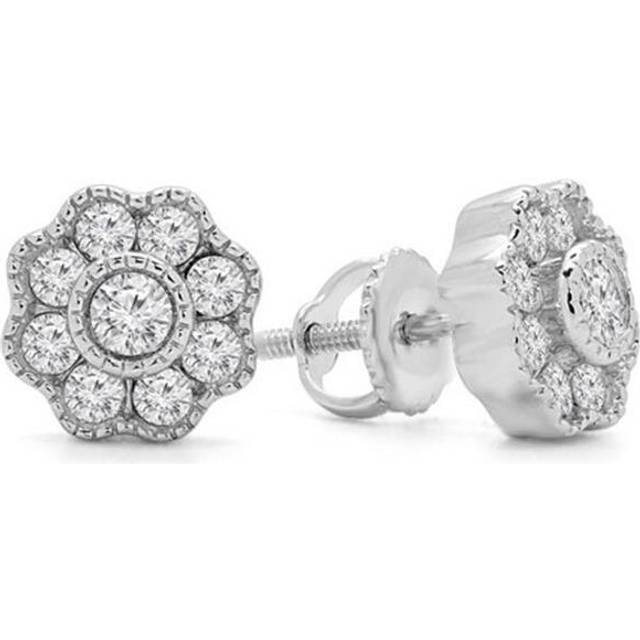 Antique Vintage Multi-Stone Diamond Floral Motif Stud Earrings in 14K White Gold With Screw Backs- 0.5 Carat