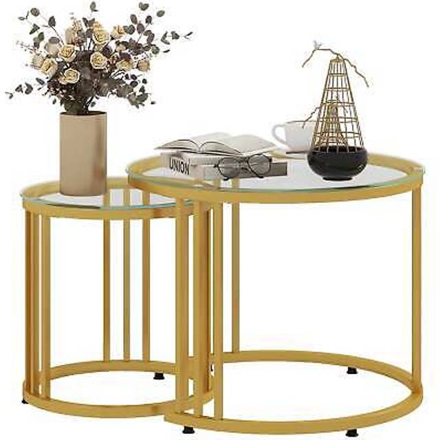 Homcom 2 pieces round nesting coffee tables with tempered glass top, gold tone