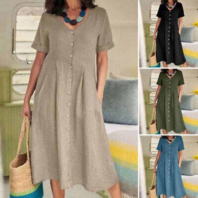 Zanzea uk women summer short sleeve v neck cotton linen pockets long shirt dress