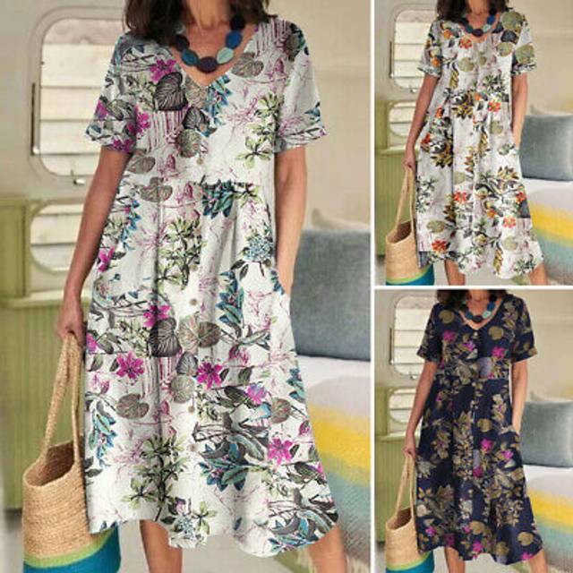 Women's summer short sleeve midi smock dress printed casual loose shirt sundress