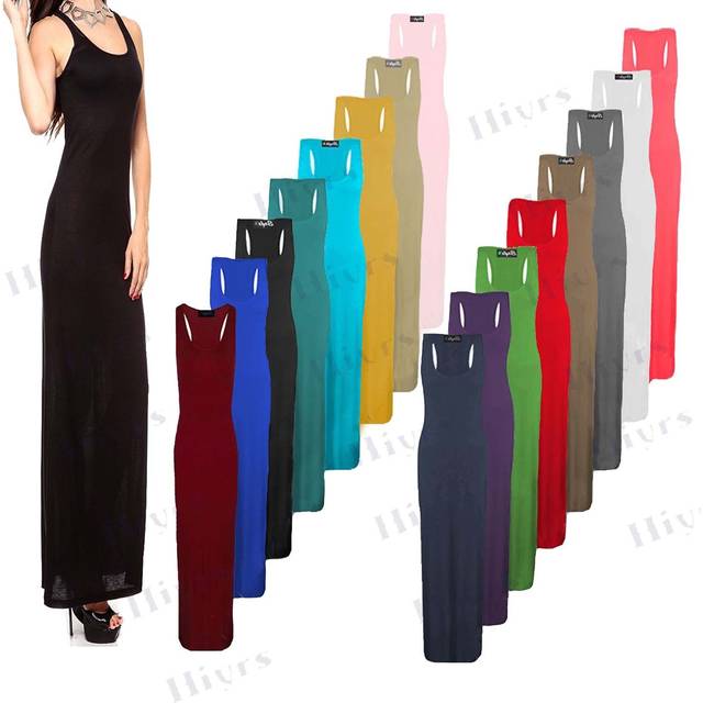 Womens racer maxi dress jersey long summer muscle vest maxi back size 8-26