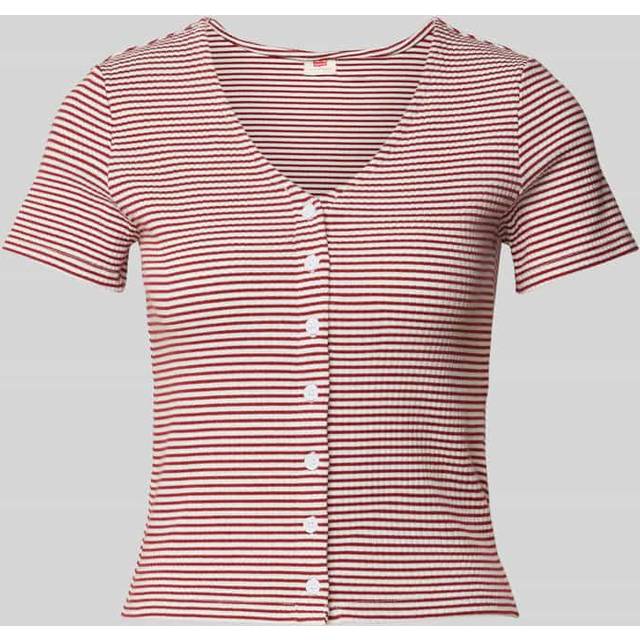 Cotton Cropped T-Shirt with V-Neck - striped red - XS