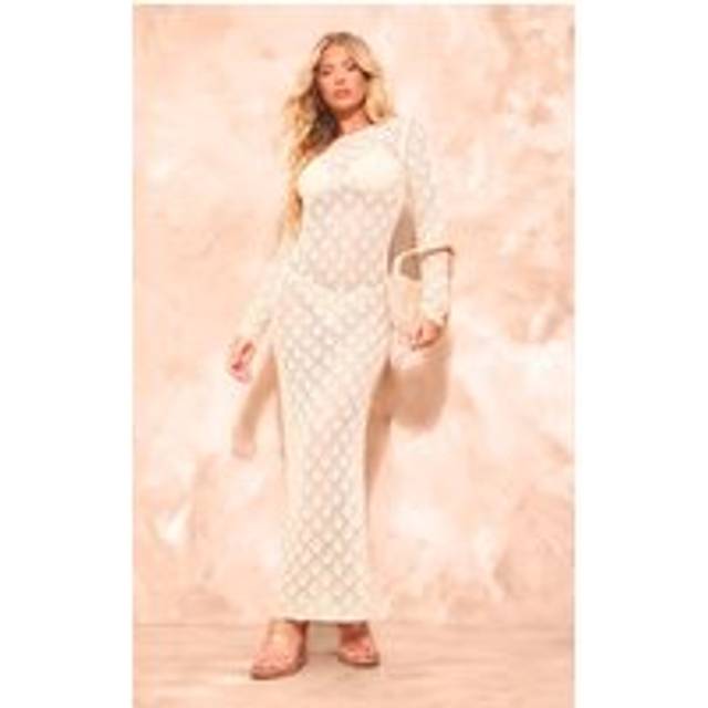 Cream Patterned Crochet Long Sleeve Maxi Dress, White