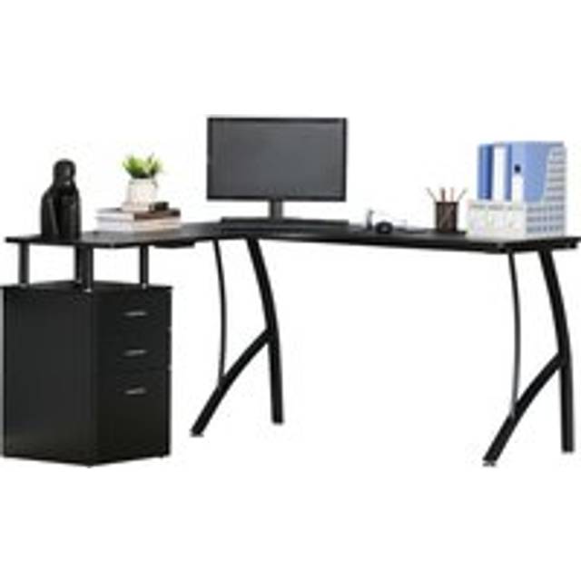 Homcom L-shaped Computer Desk Table With Storage Drawer Home Office Corner Industrial Style Workstation, Black