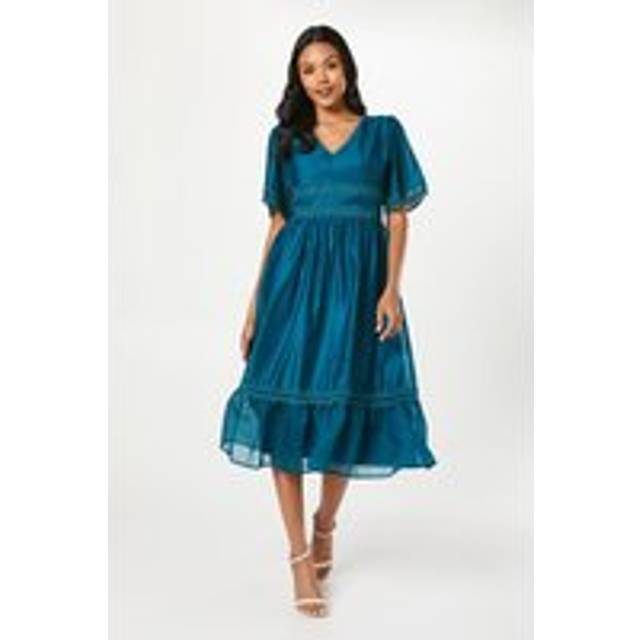 Lace Trim Organza Midi Wedding Guest Dress - Blue - 8