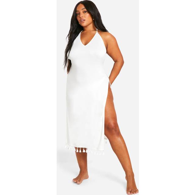 Womens Plus Tassel Hem Split Beach Dress - White - 20, White