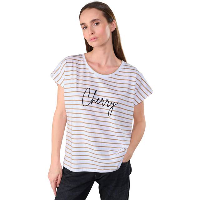 Striped Cotton Embroidered T-Shirt - Sand - M
