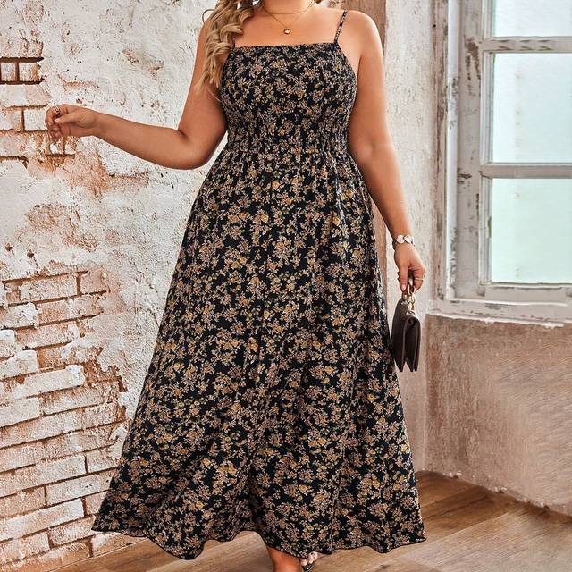 Breezaya Plus Size Women&#39;s Boho Floral All Over Print Extra Long Slip Dress With Spaghetti Straps, Summer