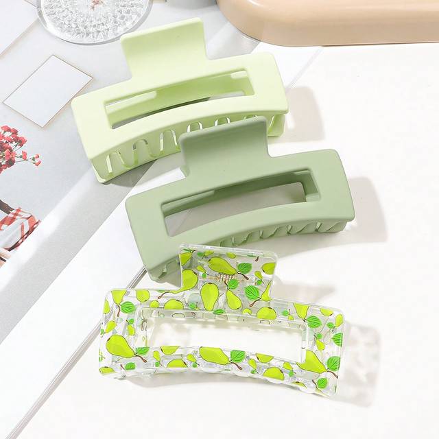 SHEIN 3pcs/Set Summer Square Fruit-Shaped Hair Claws In Green Solid & Gradient Color, With Cartoon Prints, For Tea Party, Cute And Cool Hairstyle Decoration
