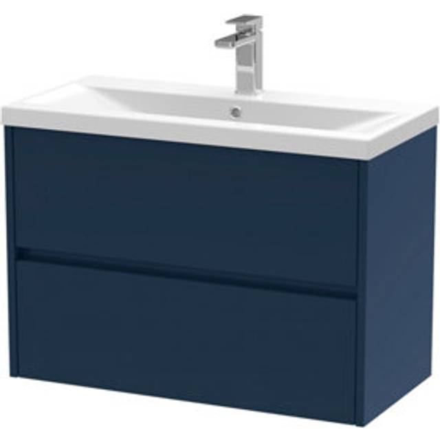 Square Wall Hung 2 Drawer Vanity Unit & Ceramic Basin, 800mm - Midnight Blue