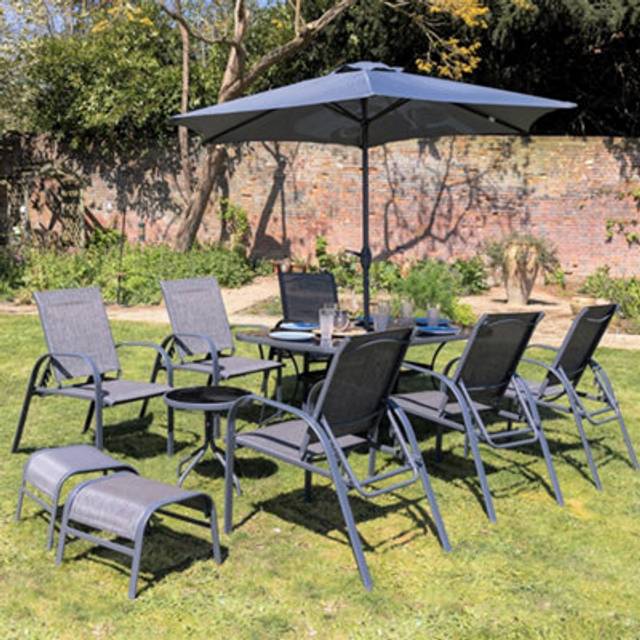 6 Seater Dining Set With Parasol Reclining Chairs Glass Table - Grey - One Size
